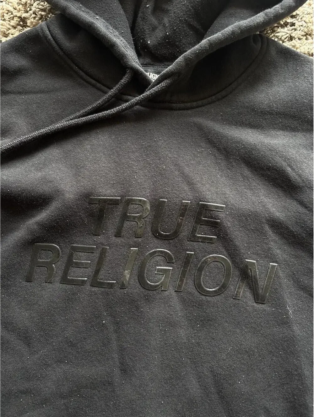 True Religion Silicone Tape Black Spellout Hoodie Pullover Size Small